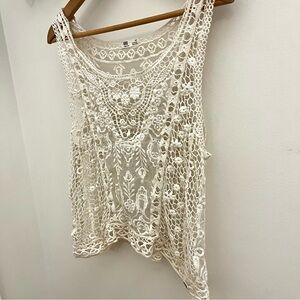 Sheer Scoop Neck Flowy Crochet Lace Tank Top in Ivory Cream 100% Cotton L